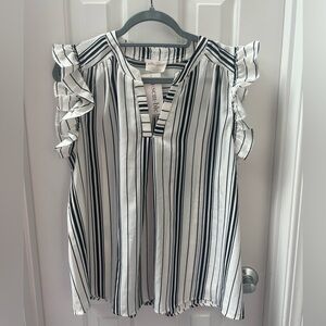Allie Rose Women’s Ruffle Sleeve Striped Black and White Tank Size Large NWT